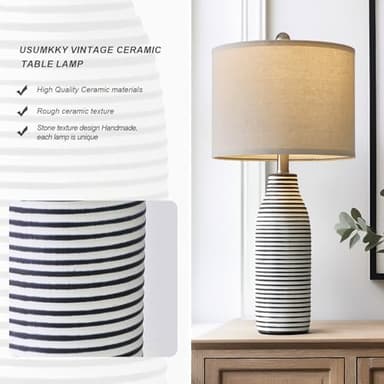 USumkky 25" Ceramic Table Lamps Set of 2 Beside Lamps for Living Room Modern Bedroom Lamps for Night Stands with Rotary Switch Black and White Stripes - Image 2
