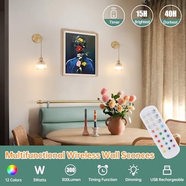 Shenmoyl Battery Operated Wall Sconce with Clear Tulip Shade Pattern Glass Adjustable Chain Retro Gold Wall Mounted Light, Modern Wall Decor for Bedside Bedroom Indoor Doorway， Set of 2 - Image 4