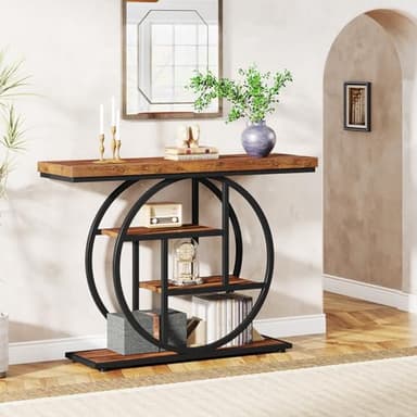 Tribesigns 41.3" Console Table, Industrial 4-Tier Sofa Table Entryway Table with Circle Base, Narrow Wood Accent Tables with Storage Shelves for Living Room, Hallway, Foyer, Rustic Brown - Image 4