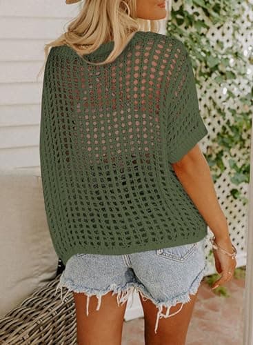 Dokotoo Womens Casual Spring Summer Crochet Hollow Out Sweaters Top 2025 Off Shoulder Pullover Shirt Short Sleeve Lightweight Knit Tops Beach Cover Ups for Women Mist Green Medium - Image 2