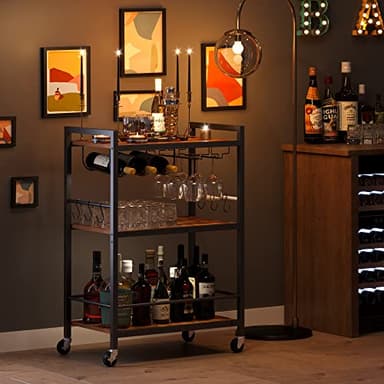TUTOTAK Bar Cart, Serving Cart for Home, Microwave Cart, Drink Cart, Mobile Kitchen Shelf with Wine Rack and Glass Holder, Rolling Beverage Cart BC01BB030 - Image 3