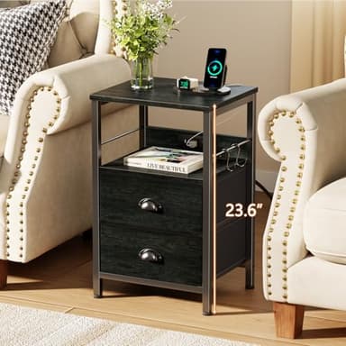 Furologee Nightstand Set of 2, Black Oak, with Charging Station and USB Ports, Side Tables with 2 Fabric Drawers, Bedside Tables with Storage Shelf & Hooks, for Living Room/Bedroom - Image 2