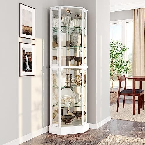 BELLEZE Lighted 3-Side Glass Display Curio Cabinet with Tempered Glass Doors and Shelves, Curved Wood Corner Cabinet with Bulb, Corner Curio Storage Rack for Bar and Liquor Storage - Ashfield (White) - Image 1