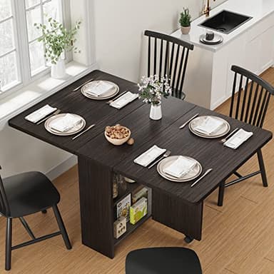 IDEALHOUSE Folding Dining Table, Drop Leaf Dining Table with 6 Wheels and 2-Layer Storage Shelf, Space Saving Dining Table for Small Spaces (Dark Walnut, 50.1" D x 31.4" W x 29.5" H) - Image 1