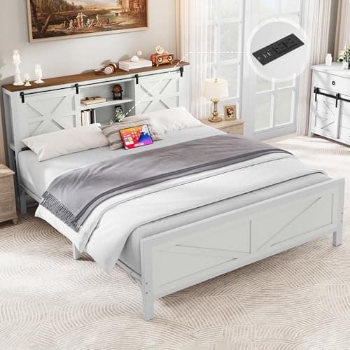 YITAHOME Farmhouse Queen Size Bed Frame with Headboard, Bookcase Shelves, Sliding Barn Door, Charging Station, Rustic Wood Platform Bed, No Box Spring Needed, White - Image 1