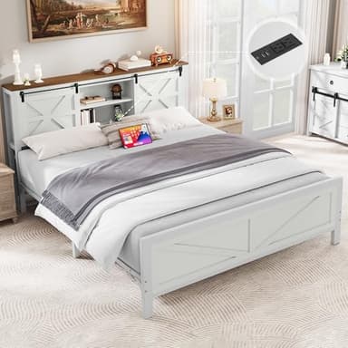 YITAHOME Farmhouse Queen Size Bed Frame with Headboard, Bookcase Shelves, Sliding Barn Door, Charging Station, Rustic Wood Platform Bed, No Box Spring Needed, White - Image 1
