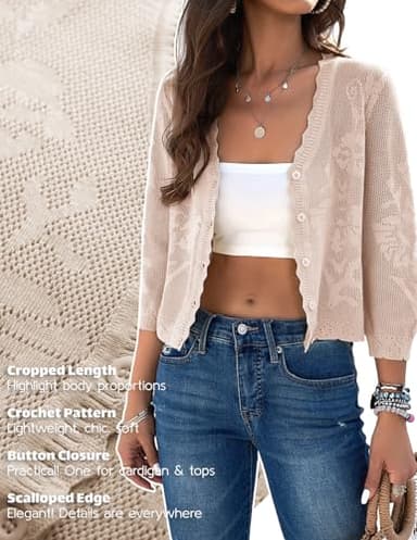 Kate Kasin Women's 3/4 Sleeve Cardigans Sweater Soft Lightweight V Neck Button Down Crochet Knit Textured Shrugs for Dress Beige Small - Image 3
