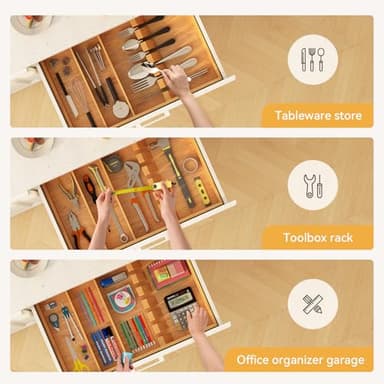 Yofidra Pure Bamboo Silverware Drawer Organizer: 16.53" Lx10 Wx1.93 H Large Silverware Utensil Tray Holder, 3-Compartment with 6 Card Slots Kitchen Flatware Organizer for Spoons Forks Knives - Image 5