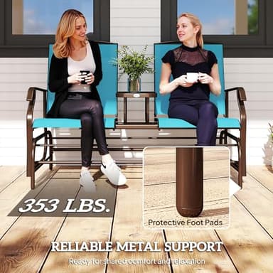 Outsunny Outdoor Glider Bench with Center Table, Metal Frame Patio Loveseat with Breathable Mesh Fabric and Armrests for Backyard Garden Porch, Blue - Image 6