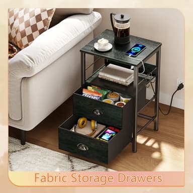 Furologee Nightstand Set of 2, Black Oak, with Charging Station and USB Ports, Side Tables with 2 Fabric Drawers, Bedside Tables with Storage Shelf & Hooks, for Living Room/Bedroom - Image 7