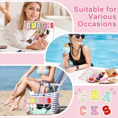 Snack Bag for Travel - Clear Chenille Varsity Letter Flat Pouch with Zipper, 12.2×8.46 inch Waterproof Clear PVC&PU Preppy Patch Makeup Cosmetic tote Bags for Women - Image 6