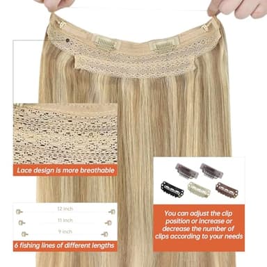 Sunny Wire Hair Extensions Real Human Hair Fish Line Human Hair Extensions Invisible Wire Extensions Lightest Brown with Platinum Blonde Highlights #P10/60 14 Inch - Image 3