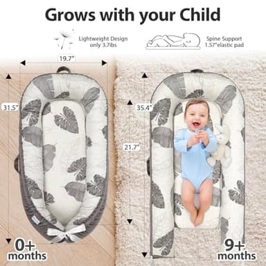 JOCUTE Baby Lounger - Baby Lounger for Newborn 0-24 Months, Ultra Newborn Babies Essentials Gifts, Baby Snuggle Nest Me Baby Lounger, Lightweight Infant Baby Lounger Cover (Grey Leaves) - Image 4