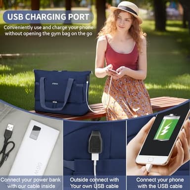 ETRONIK Gym Bag for Women, Travel Duffel Bag with USB Charging Port, Weekender Overnight Bag with Wet Pocket and Shoes Compartment for Women, Travel, Gym, Yoga (Dark Blue) - Image 6