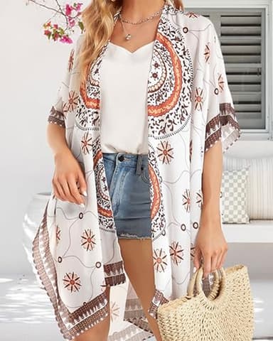 Beach Cover Ups for Swimwear Bohemain Women Kimono Open Front Cardigan Tops(02-Adeline Khaki),XL - Image 5