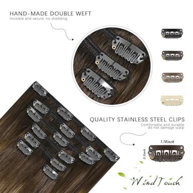 WindTouch Clip in Hair Extensions Real Human Hair Balayage Chocolate Brown To Dark Blonde Ombre Highlights for Brown 75g 22Inch 7PCS #4T27P4 - Image 7