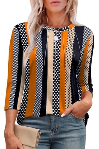 XIEERDUO Tunic Tops for Women Loose Fit Dressy Crewneck Pleated 3/4 Length Sleeve Blouses Business Casual School Outfits for Teachers Striped Summer Beach Vacation Clothes L - Image 1