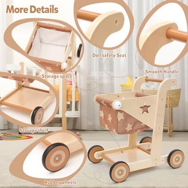 Asweets 2 in 1 Wooden Baby Walker Push and Pull Doll Stroller, Shopping Cart Learning Walker for Boys and Girls, Sit Stand Learning Toddler Toy (Brown) - Image 5