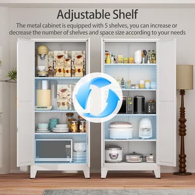 RISTERN White Metal Storage Cabinet,75" Steel Cabinets for Home Office, Kitchen Pantry Storage Cabinet with Doors and 5 Adjustable Shelves, Tool Cabinets, for Office, Home, Garage, School - Image 5