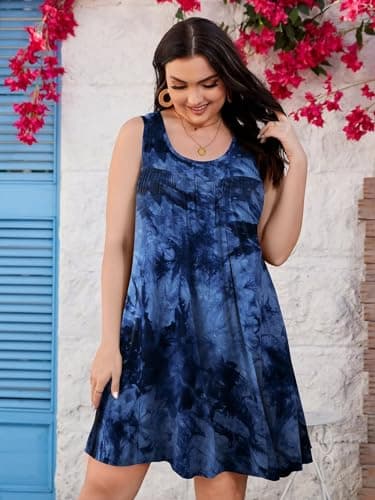 BELAROI Women Plus Size Summer Dresses Beach Sundress Casual Swing Scoop Neck Pleated Sleeveless Tshirt Tank Dress Tie Dye Swimsuit Cover Ups with Pockets(5X, T09-Dark Blue) - Image 3