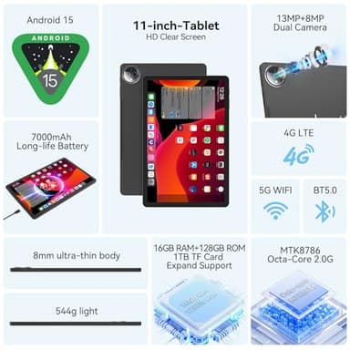 Tablet 11 inch Android 15 Tablet, 2025 Latest Update 128GB ROM 16GB RAM, 4G LTE Tableta, 5G WiFi+Cellular, Octa-Core MTK8786, 21MP Dual Camera,1TB Expand, Incell FHD Screen, T-Mobile SIM Card Support - Image 2
