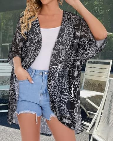 Womens Floral Kimono Cardigans Loose Puff Sleeve Casual Beach Coverups Tops (Black Brief Flowers,2XL) - Image 3
