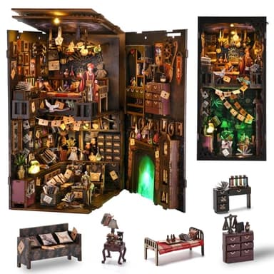 TOYQI Book Nook Kit, Book Nook Kits for Adults and Teens, DIY Miniature Dollhouse Kit 3D Wooden Puzzle Booknook Bookend with LED Light - Image 1