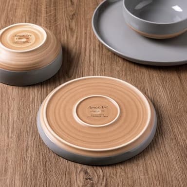 AmorArc Ceramic Dinnerware Sets for 4, 12 Pieces Handpainted Plates and Bowls Set with Rustic Terracotta Underside, Scratch Resistant Stoneware Dishes Set, Dishwasher & Microwave Safe, Gray - Image 3