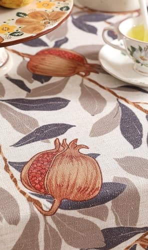 patdrea Designer Brown Tablecloth for Rectangle Tables,Framhouse Linen Pomegranates Leaves Pattern Linen Tablecloth,Fall Fruits Table Cover Cloth Decor for Kitchen Dining Christmas,67"*118" - Image 6