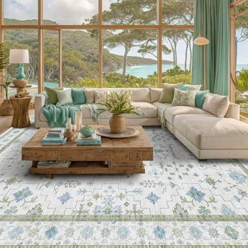 Oriental 10x14 Rug Living Room - Washable Oushak Boho Extra Large for Bedroom Non Slip Soft Faux Wool Carpet for Dining Room Playroom - Cream Blue and Green Floral Rug - Image 1