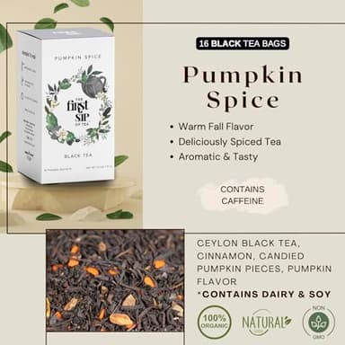 Pumpkin Spice Tea Bags - Black Tea with real Pumpkin, Cinnamon & Spices, Caffeine - 16 Cups | The Spice Hut, First Sip of Tea - Image 2