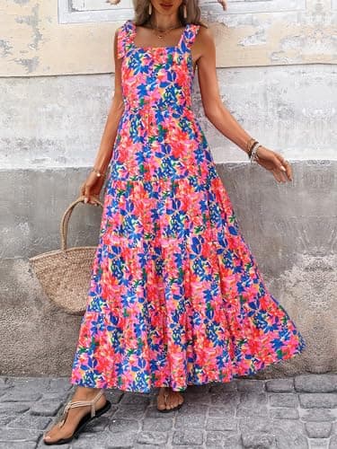 PRETTYGARDEN Womens Dresses 2025 Summer Floral Sleeveless Maxi Dress Casual Spaghetti Strap Tiered Flowy Beach Long Dress(Blue Pink,X-Large) - Image 3