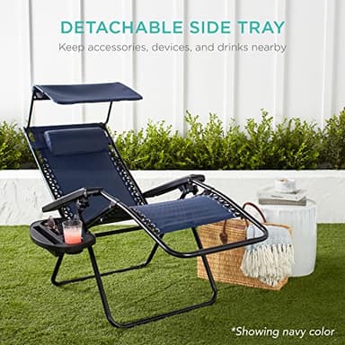 Best Choice Products Folding Zero Gravity Outdoor Recliner Patio Lounge Chair w/Adjustable Canopy Shade, Headrest, Side Accessory Tray, Textilene Mesh - Ivory - Image 7