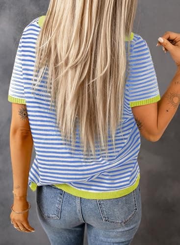 Dokotoo Womens Tops Short Sleeve Summer Fashion Striped Shirt Women Color Block Crewneck Knitted Top 2025 Casual Loose Fit Tshirts Shirts for Women Trendy Blouses Sky Blue Large - Image 4