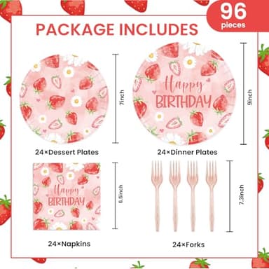 96Pcs Strawberry Birthday Party Plates Napkins-Sweet Baby Shower Pink Fruit Strawberry Theme Forks Supplies Tableware Set Disposable Decoration for Girls Berry Baby Decorations Favors Serves 24 - Image 2