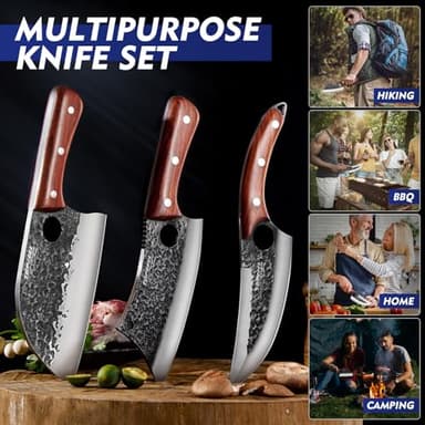 Topfeel 3PCS Butcher Knife Set, Hand Forged Serbian Chef Knives & Meat Cleaver & Viking Knives, Meat Cutting Kitchen Knife Set for Home, Outdoor Cooking, Camping BBQ Gift Idea Men - Image 3