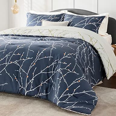Bedsure Queen Comforter Sets - 7 Pieces Floral Navy Blue Bed Set, Tree Branch Pattern Printed Bed in a Bag Queen with Comforter, Sheets, Pillowcases & Shams - Image 1