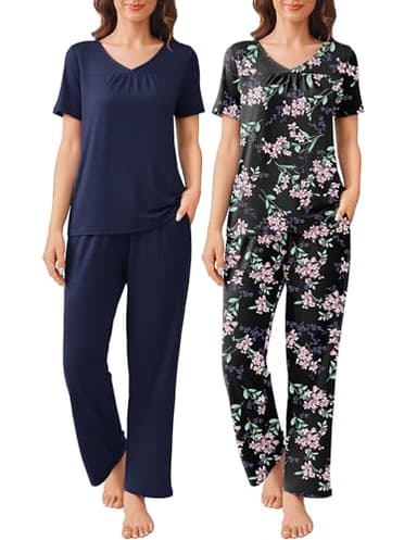 Ekouaer Womens Cotton Pajamas 2 Pack Short Sleeve with Long Pant Pjs Sleepwear Black Navy Blue Medium - Image 1