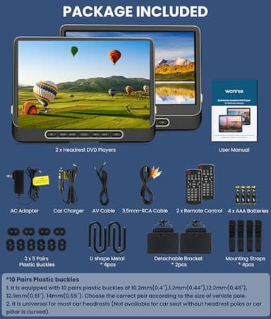 WONNIE 12" Dual Car DVD Players Portable DVD Players for Car Headrest Play a Same or Two Different Movies with 5-Hour Rechargeable Battery, Mounting Brackets, All Region, Support USB/Sync TV - Image 8