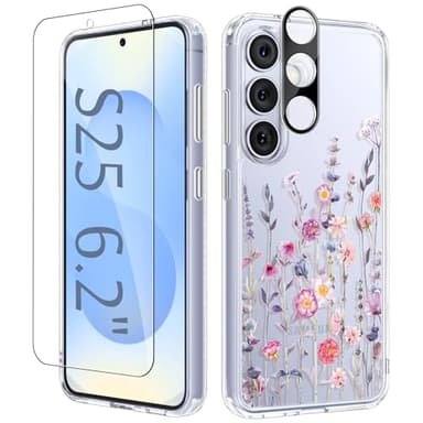 GVIEWIN for Samsung Galaxy S25 Case, [Screen & Camera Lens Protector] [Non Yellowing] Floral Clear Slim Shockproof Military-Grade Protection Phone Cover, Flower Design for Women, Floratopia/Colorful - Image 1