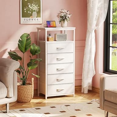 Huuger White Dresser with 5 Drawers & Charging Station, Tall Dresser for Bedroom, Tall Night Stand with PU Leather Finish, Open Shelf, Nightstand for Bedroom, Closet, Hallway, Entryway - Image 2