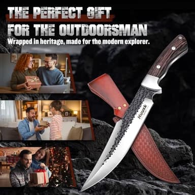 Huusk Fixed Blade Bowie Knife - 8" Hunting Knife with Sheath, Full Tang Survival Knives with Ergonomic Wood Handle, Outdoor Bushcraft Knives for Camping Hiking Fishing BBQ, Father's Day Gifts Box - Image 7