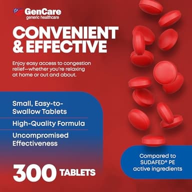 GenCare - Nasal Decongestant (10mg Tablets) Phenylephrine HCl (300 Tablets Per Bottle) | Value Pack Non Drowsy Sinus and Nasal Congestion Relief | Lower Sinus Pressure Due to Allergies or Illness - Image 4