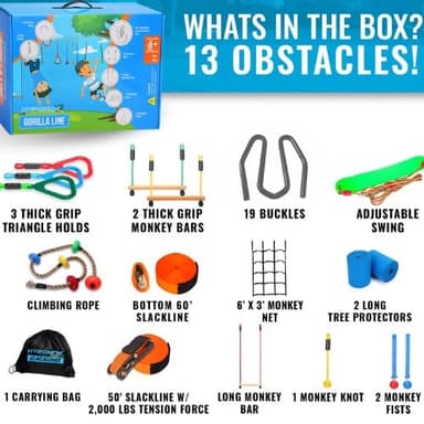 Hyponix Ninja Obstacle Course for Kids – 2 x 60 ft Slacklines with 13 Weatherproof Obstacles – Monkey Net, Ratchet-Tight Tech, Supports 880 lbs – Climbing & Swinging Backyard Fun - Image 4