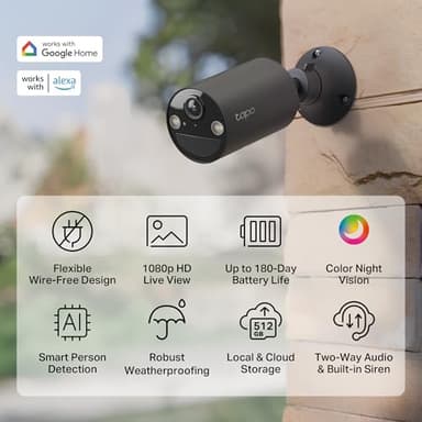 Tapo by TP-Link Wireless Outdoor Security Camera, 1080P, Up to 180 Days Battery Life, Free Person Detection, SD/Cloud Storage, Spotlight Color Night Vision, Alarm, No Hub Needed, Black, C403 - Image 2