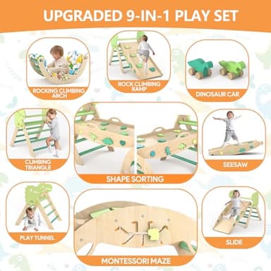 KidsBuddy Pikler Triangle Set with Cushion 9 in 1 Climbing Toys for Toddlers 1-3 Indoor Baby Climbing Gym Toddler Montessori Toys Wooden Toy with Maze Toy, Shape Sorter, Dinosaur Car - Image 3