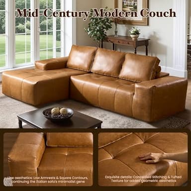 114" Boneless Couches for Living Room, Brown Faux Leather Cloud Sectional Couches with Chaise, Deep Seat L Shaped Modular Sofa, No Assembly Required Sofas in a Box (Left,Faux Leather,Brown) - Image 5