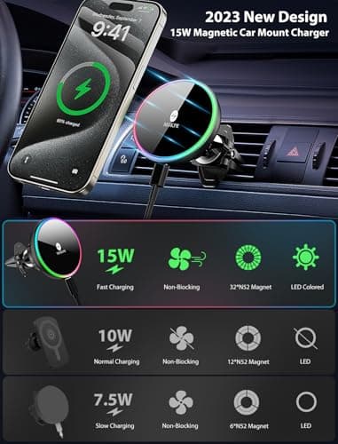 MOKPR for Magsafe Car Mount Charger-15W Wireless Car Charger-Magnetic Car Phone Holder for Dash Air Vent-LED RGB HandsFree Car Mount Fast Car Charger for iPhone 14/13/12 Series - Image 8