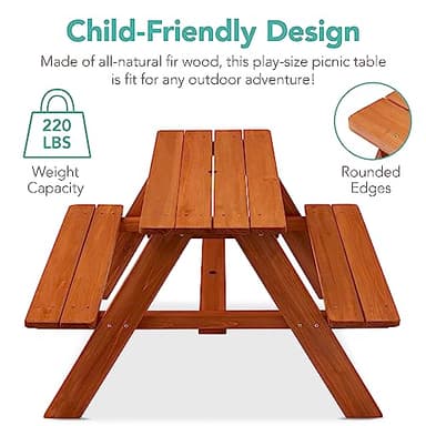 Best Choice Products Kids Wooden Picnic Table, Outdoor Activity & Dining Table w/Adjustable Collapsible Umbrella, Built-in Seats - Golden Brown/Navy - Image 5