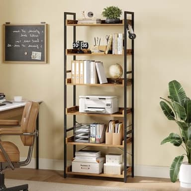 Rolanstar Bookshelf 6 Tier with 4 Hooks, Industrial Wood Bookcase, Vintage Storage Rack with Open Shelves, Rustic Standing Bookshelves Metal Frame Display Rack for Living Room, Bedroom, Rustic Brown - Image 6